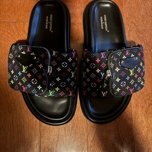 Louis Vuitton Murakami Black Multicolor Monogram Slide Sandals with Mini Pouches